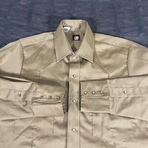 Karman Western Pearl Snap Shirt Tan Khaki Long Sleeve Extra Long Tail 15.5-34